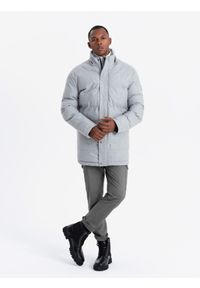 Ombre Clothing - Ciepła długa męska kurtka typu parka z wełną – jasnoszary melanż V3 - Rozmiar: L. Kolor: szary. Materiał: wełna. Długość: długie. Wzór: melanż #7