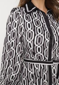 Born2be - Czarno-Biała Mini Koszulowa Sukienka o Rozkloszowanym Fasonie z Paskiem Amburia. Kolor: czarny. Materiał: materiał. Typ sukienki: koszulowe. Długość: mini #2