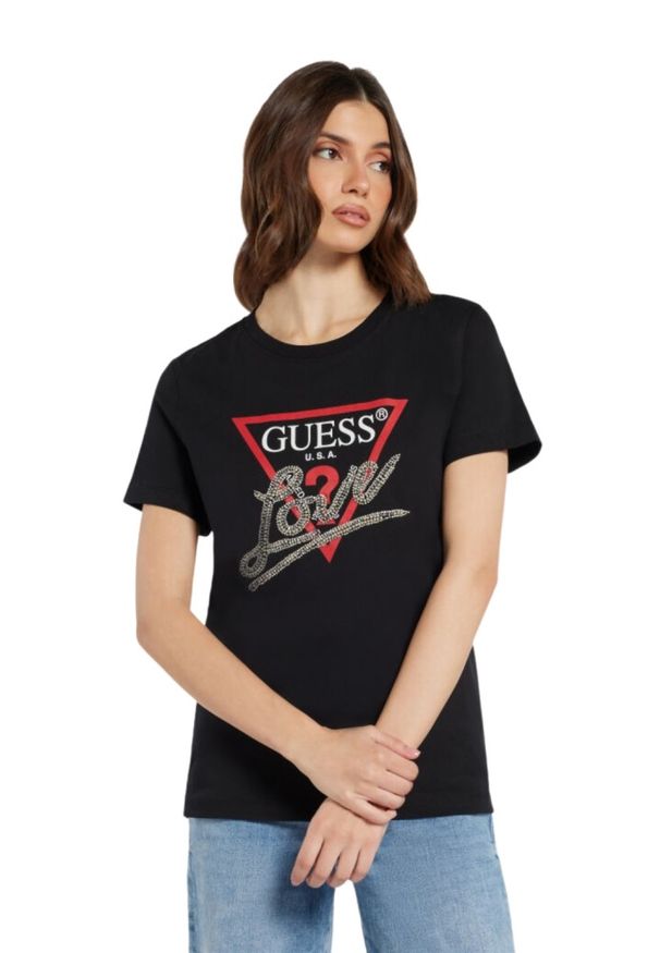 Guess - GUESS Czarny damski t-shirt bawełniany Love Tee, Rozmiar L. Kolor: czarny. Materiał: bawełna