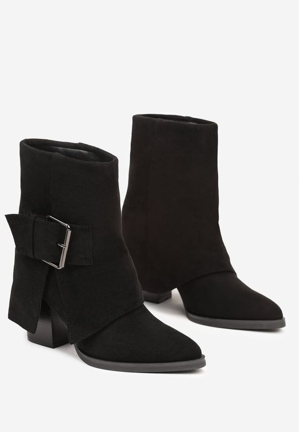 Born2be - Czarne Botki w Stylu Kowbojek na Obcasie z Wywiniętą Cholewką Ansivia. Okazja: na co dzień. Kolor: czarny. Materiał: jeans. Szerokość cholewki: normalna. Sezon: zima, jesień. Obcas: na obcasie. Styl: elegancki, casual. Wysokość obcasa: średni