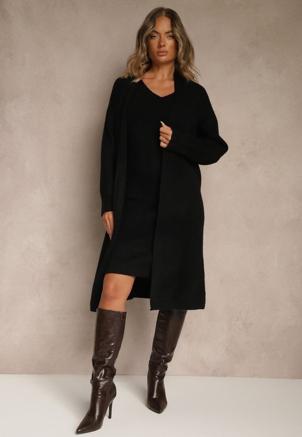 Renee - Czarny Dzianinowy Komplet z Wełną Prążkowana Sukienka i Długi Kardigan Falonessa. Kolor: czarny. Materiał: prążkowany, wełna, dzianina