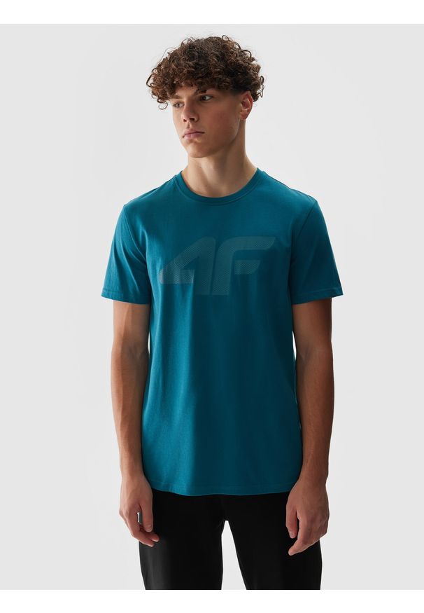 4f - 4F T-shirt regular z nadrukiem męski - turkusowy XXL. Okazja: na co dzień. Kolor: turkusowy. Materiał: dzianina, jersey, bawełna. Długość rękawa: krótki rękaw. Długość: krótkie. Wzór: nadruk. Styl: sportowy, casual