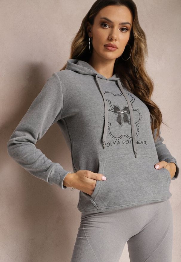 Renee - Szara Bluza Kangurka ze Ściągaczami z Nadrukiem i Polarem Simunsa. Kolor: szary. Materiał: polar. Wzór: nadruk. Styl: klasyczny