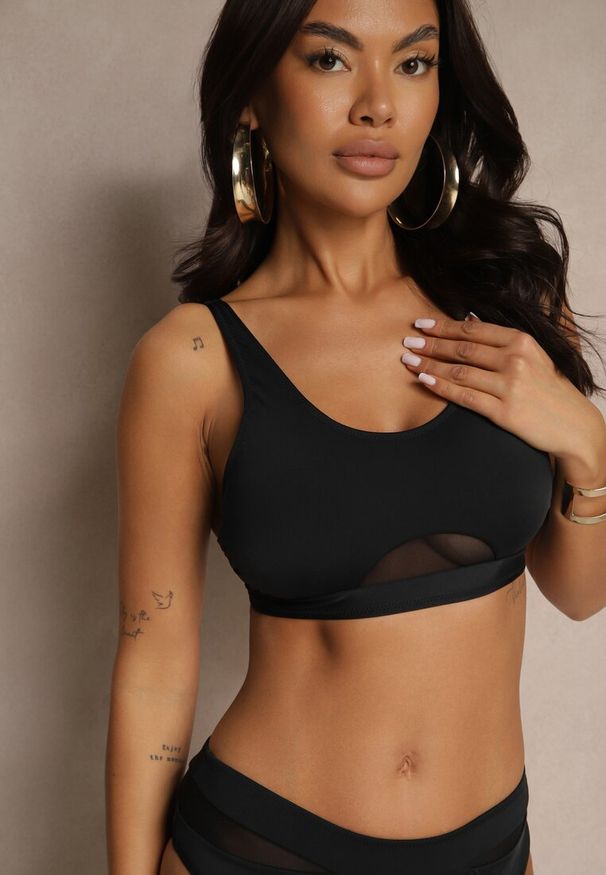 Renee - Czarne Bikini Biustonosz i Majtki Typu Figi Zdobione Siateczką Natelina. Kolor: czarny. Wzór: aplikacja