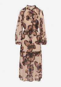 Born2be - Ciemnobeżowa Pudełkowa Sukienka w Kwiaty z Paskiem Nifle. Okazja: na co dzień. Kolor: beżowy. Materiał: skóra. Wzór: kwiaty. Styl: casual, elegancki #6