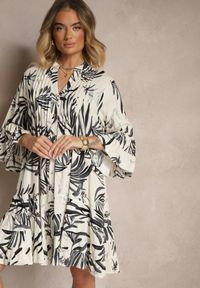 Renee - Ciemnoszara Rozkloszowana Sukienka z Wiskozy z Falbanami z Motywem Roślinnym Ridivaria. Okazja: na co dzień. Typ kołnierza: dekolt w serek, kołnierz z falbankami. Kolor: szary. Materiał: wiskoza. Styl: elegancki, casual #5