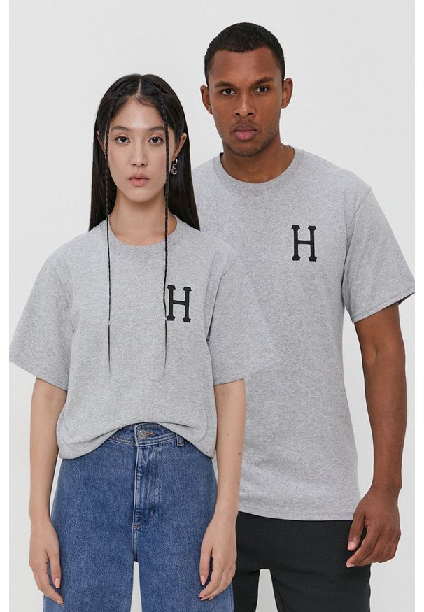 HUF - T-shirt bawełniany. Okazja: na co dzień. Kolor: szary. Materiał: bawełna. Wzór: nadruk. Styl: casual