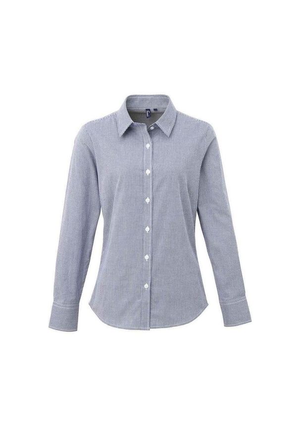 PREMIER - Damska Bawełniana Koszula Z Długim Rękawem W Kratkę Micro Gingham. Okazja: na co dzień. Kolor: niebieski, wielokolorowy, biały. Materiał: bawełna. Długość rękawa: długi rękaw. Długość: długie. Wzór: kratka. Styl: casual