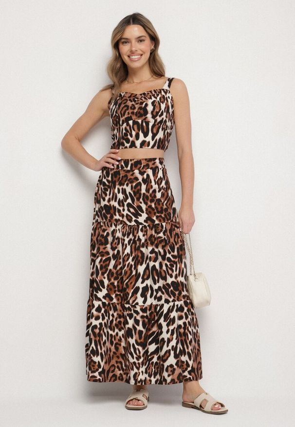 Born2be - Brązowy Komplet w Panterkę z Topem i Spódnicą Ovilissea. Kolor: brązowy. Wzór: motyw zwierzęcy