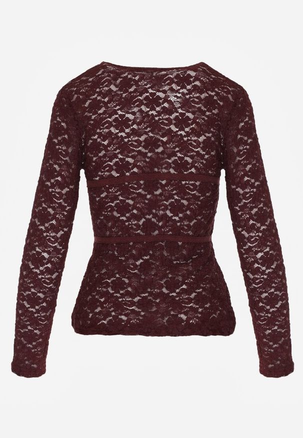 Born2be - Bordowa Koronkowa Bluzka z Długim Rękawem i Dekoltem w Serek Senafera. Typ kołnierza: dekolt w serek. Kolor: czerwony. Materiał: koronka. Długość rękawa: długi rękaw. Długość: długie. Styl: klasyczny, elegancki