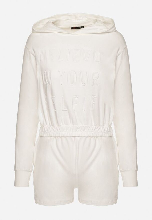 Born2be - Biały Bawełniany Komplet Sportowy Bluza z Kapturem i Szorty Izilia. Kolor: biały. Materiał: bawełna