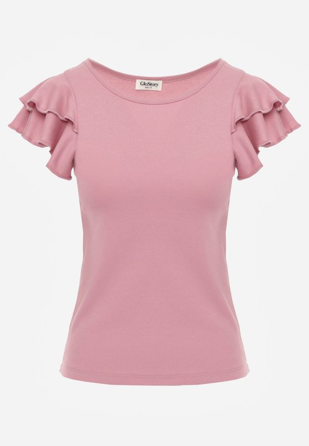 Born2be - Różowa Bawełniana Bluzka o Prostym Kroju z Krótkim Rękawem z Falbanek Himoni. Okazja: do pracy, na co dzień. Typ kołnierza: kołnierz z falbankami. Kolor: różowy. Materiał: bawełna. Długość rękawa: krótki rękaw. Długość: krótkie. Styl: elegancki, klasyczny, casual