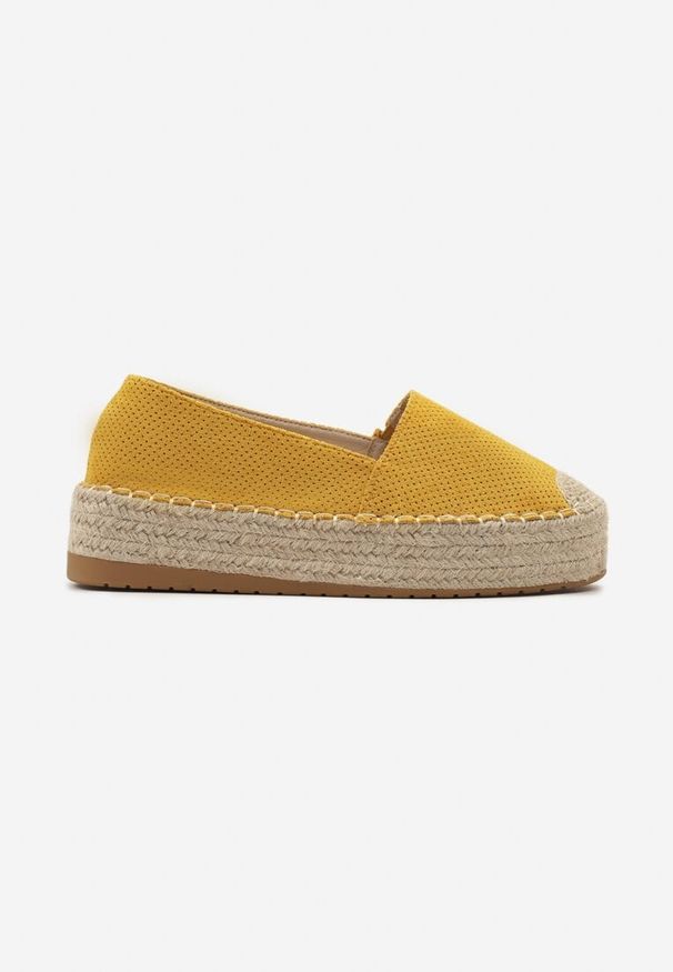 Renee - Żółte Casualowe Espadryle na Grubej Podeszwie Ozdobionej Plecionką Honorelle. Okazja: na co dzień. Kolor: żółty. Materiał: jeans, len. Wzór: aplikacja. Sezon: lato, wiosna. Styl: casual