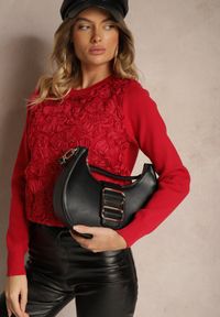 Renee - Czerwony Sweter z Wiskozą Ozdobiony Aplikacjami z Siateczki Harilia. Okazja: na co dzień. Kolor: czerwony. Materiał: wiskoza. Wzór: aplikacja. Styl: klasyczny, elegancki, casual #3