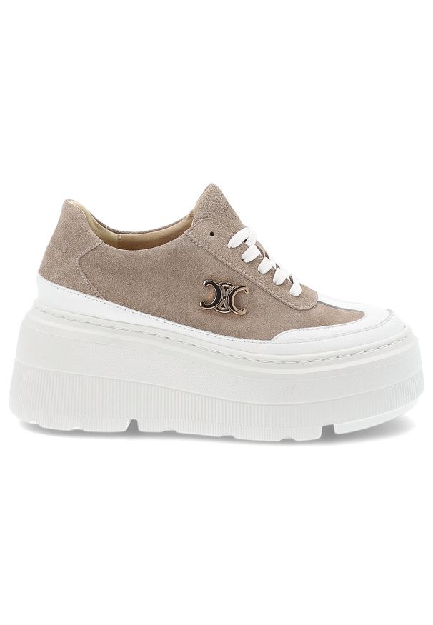 Beżowe Sneakersy Armodo Modne Obuwie Damskie Na Platformie. Okazja: na co dzień. Kolor: beżowy. Materiał: zamsz, materiał, welur. Szerokość cholewki: normalna. Obcas: na platformie. Styl: elegancki, casual