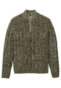 Sweter ze stójką z zamkiem bonprix ciemnooliwkowy melanż. Typ kołnierza: kołnierzyk stójkowy. Kolor: zielony. Wzór: melanż #1