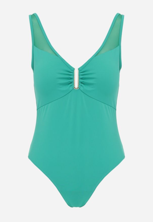 Born2be - Zielony Strój Kąpielowy Jednoczęściowy z Metaliczną Ozdobą i Marszczeniem Chelviane. Kolekcja: plus size. Kolor: zielony. Wzór: aplikacja