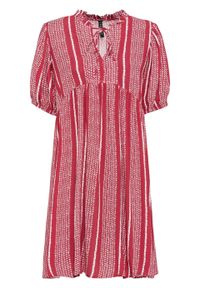 Sukienka z rękawami bufkami bonprix czerwono-biały w paski. Kolor: czerwony. Wzór: paski. Długość: midi #1