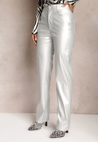 Renee - Srebrne Spodnie z Woskowanej Imitacji Skóry Coranla. Kolor: srebrny. Materiał: skóra #4