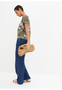 bonprix - Shirt z nadrukiem i koronką. Kolor: zielony. Materiał: koronka. Wzór: nadruk, koronka