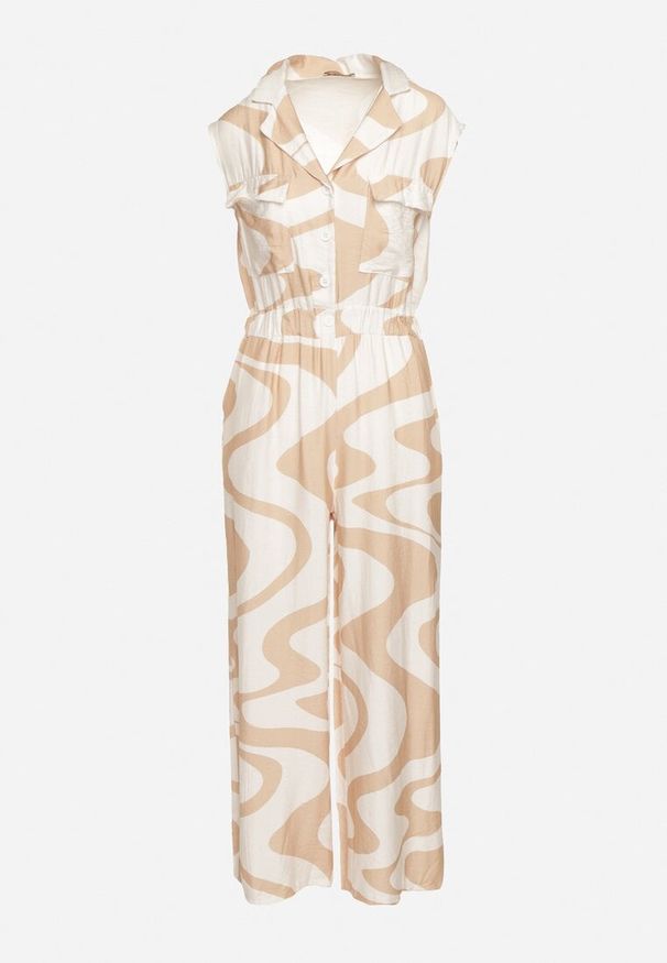 Born2be - Beżowy Długi Kombinezon z Gumką w Pasie w Geometryczny Wzór z Wiskozą Orivia. Okazja: na co dzień. Kolor: beżowy. Materiał: wiskoza. Długość: długie. Wzór: geometria. Styl: klasyczny, casual