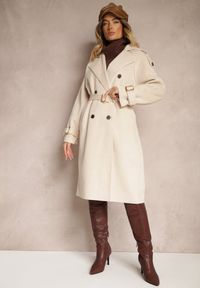 Renee - Beżowy Dwurzędowy Płaszcz Trencz o Eleganckim Kroju z Paskiem Edioneta. Okazja: do pracy. Kolor: beżowy. Materiał: jeans. Długość rękawa: długi rękaw. Długość: długie. Styl: elegancki #4