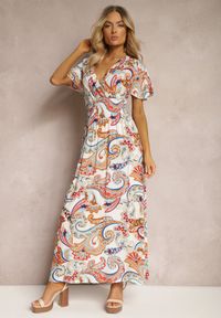 Renee - Biało-Różowa Rozkloszowana Sukienka z Bawełny o Kopertowym Kroju w Print Paisley Piavella. Okazja: na co dzień. Kolor: biały. Materiał: bawełna. Wzór: paisley, nadruk. Typ sukienki: kopertowe. Styl: elegancki, casual #5