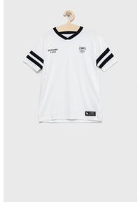 Abercrombie & Fitch t-shirt dziecięcy kolor biały z nadrukiem. Kolor: biały. Materiał: materiał. Wzór: nadruk