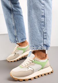 Renee - Beżowo-Zielone Sneakersy z Szerokim Bieżnikiem na Podeszwie Johina. Kolor: beżowy. Materiał: jeans. Szerokość cholewki: normalna. Wzór: kolorowy #2