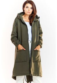 Infinite You - Ciepła długa bluza damska jak parka bawełna premium khaki. Okazja: na co dzień. Kolor: brązowy. Materiał: bawełna. Długość: długie. Styl: casual, elegancki