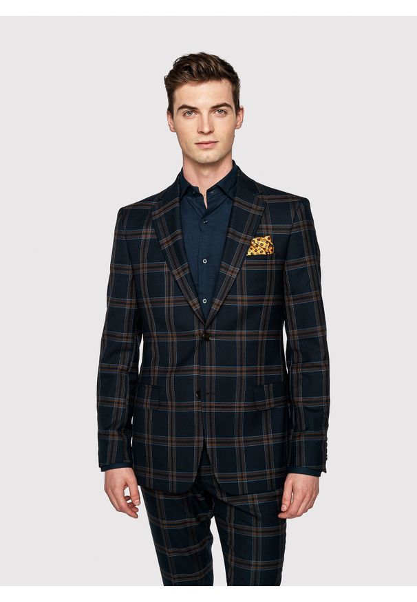 Pako Lorente - PAKO LORENTE – Granatowa marynarka garniturowa w kratę. Kolor: niebieski. Materiał: wełna. Styl: boho