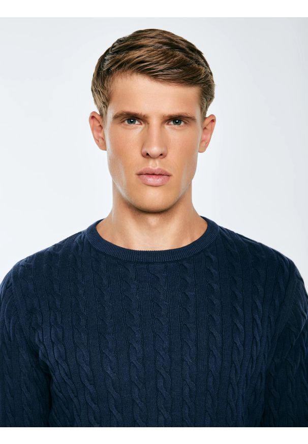 Big-Star - Sweter męski ze splotem warkoczowym granatowy Amaris 403. Kolor: niebieski. Materiał: bawełna, jeans, materiał, dzianina. Wzór: ze splotem. Styl: klasyczny, elegancki