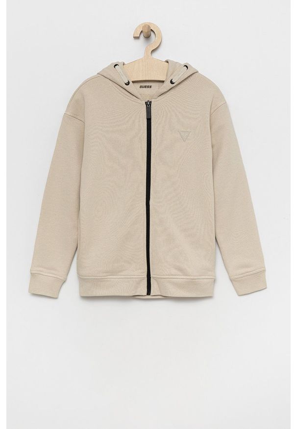 Guess bluza dziecięca kolor beżowy z kapturem gładka. Okazja: na co dzień. Typ kołnierza: kaptur. Kolor: beżowy. Materiał: bawełna. Wzór: gładki. Styl: casual