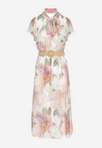 Born2be - Beżowa Sukienka o Rozkloszowanym Kroju z Wiązaniem przy Dekolcie i Paskiem Sorilina. Okazja: na co dzień. Kolor: beżowy. Długość rękawa: krótki rękaw. Wzór: kwiaty. Styl: casual, elegancki #2