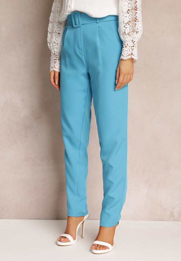 Renee - Niebieskie Spodnie Garniturowe High Waist z Paskiem Wenus. Okazja: na co dzień, na spotkanie biznesowe. Stan: podwyższony. Kolor: niebieski. Materiał: tkanina, materiał. Wzór: gładki, jednolity. Styl: biznesowy, casual