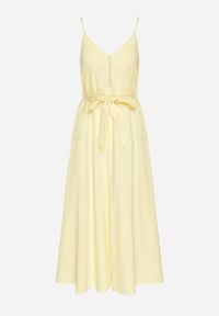 Born2be - Żółta Sukienka z Wiskozą i Bawełną Ozdobiona Paskiem Saviliae. Kolor: żółty. Materiał: wiskoza, bawełna. Długość rękawa: na ramiączkach. Wzór: aplikacja. Styl: elegancki #6