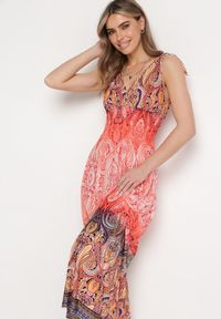 Born2be - Pomarańczowa Sukienka Boho na Lato ze Sznurkami na Ramionach i Gumką w Talii Aharleta. Kolor: pomarańczowy. Sezon: lato. Styl: boho