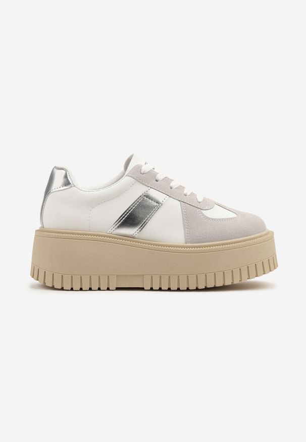 Born2be - Biało-Szare Sneakersy na Grubej Podeszwie z Ozdobnym Paskiem Viviriana. Zapięcie: pasek. Kolor: biały. Materiał: jeans. Sezon: lato