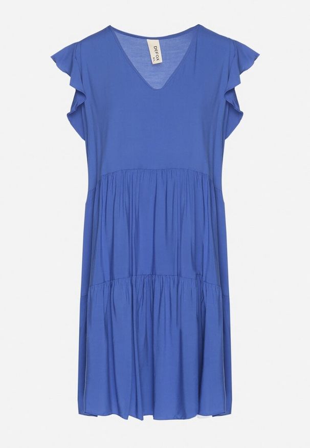 Born2be - Niebieska Rozkloszowana Sukienka z Bawełny Ozdobiona Falbankami Natiriane. Okazja: na co dzień. Typ kołnierza: kołnierz z falbankami. Kolor: niebieski. Materiał: bawełna. Wzór: aplikacja. Sezon: wiosna, lato. Styl: elegancki, casual