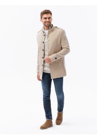 Ombre Clothing - Płaszcz męski - beżowy V3. Typ kołnierza: kołnierzyk stójkowy. Kolor: beżowy. Materiał: poliester, bawełna. Styl: elegancki