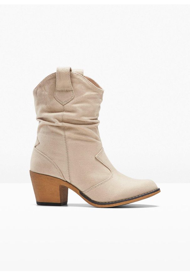 bonprix - Botki kowbojki z marszczoną cholewką. Kolor: beżowy. Szerokość cholewki: normalna