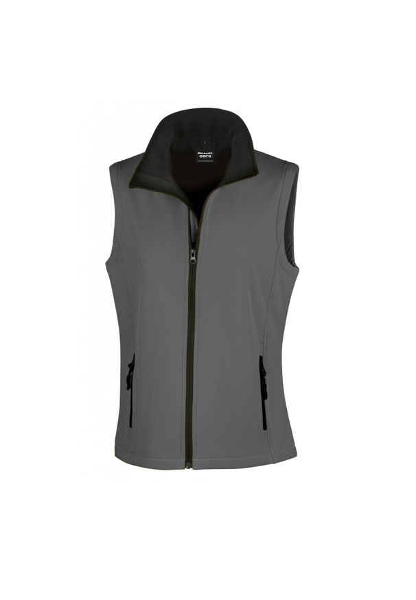 RESULT - Damska kurtka bez rękawów z nadrukiem Result Softshell. Kolor: szary. Materiał: softshell. Długość rękawa: bez rękawów. Wzór: nadruk. Styl: elegancki