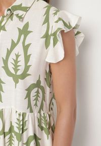 Born2be - Zielona Rozkloszowana Sukienka o Koszulowym Kroju z Lnem i Wiskozą Folarane. Okazja: na spacer, na co dzień. Kolor: zielony. Materiał: wiskoza, len. Wzór: aplikacja. Typ sukienki: koszulowe. Styl: elegancki, casual, klasyczny #2