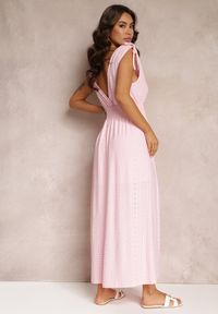 Renee - Różowa Sukienka Rozkloszowana z Kopertowym Dekoltem Elices. Kolor: różowy. Materiał: tkanina. Wzór: ażurowy. Typ sukienki: kopertowe #5