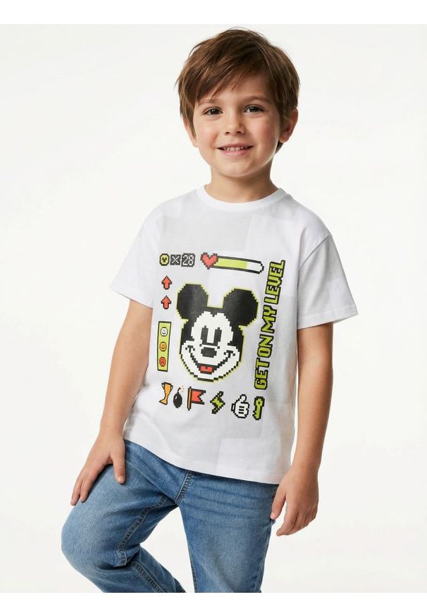 Sinsay - Bawełniana koszulka z nadrukiem Mickey Mouse - biały. Kolor: biały. Materiał: bawełna. Wzór: motyw z bajki, nadruk