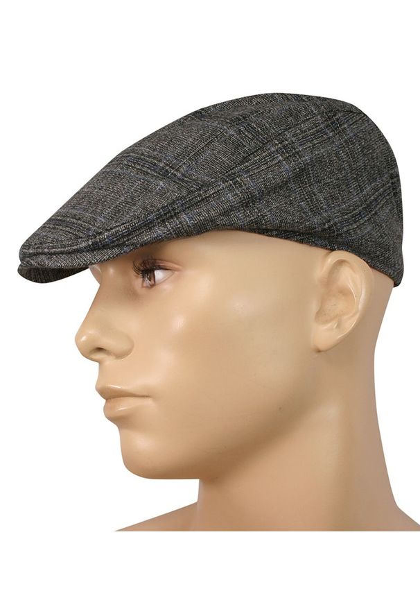 Kaszkiet, Popielaty w Niebieską Kratkę, Jesienno-Zimowy, Ocieplany, z Gumką -Pako Jeans- Męski. Kolor: niebieski, wielokolorowy, szary. Materiał: poliester, wełna. Wzór: kratka. Sezon: jesień, zima