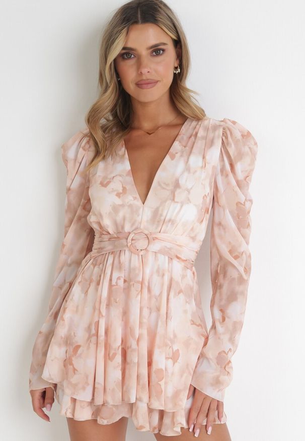 Born2be - Ciemnobeżowa Rozkloszowana Sukienka Mini z Cienkimi Gumkami i Paskiem z Klamrą Jentria. Okazja: na co dzień. Kolor: beżowy. Styl: klasyczny, casual. Długość: mini