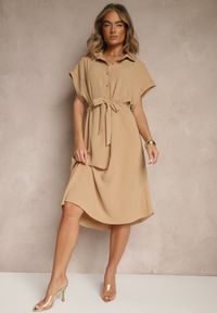 Renee - Jasnobrązowa Pudełkowa Sukienka z Bawełną i Paskiem Savorienne. Okazja: na co dzień. Kolor: brązowy. Materiał: bawełna. Styl: casual, elegancki #5