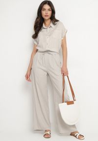 Born2be - Jasnoszare Szerokie Spodnie z Lnem z Gumką w Talii i Kieszeniami Filisela. Okazja: na co dzień, do pracy. Kolor: szary. Materiał: len. Styl: elegancki, casual #6