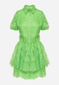 Born2be - Zielona Koronkowa Sukienka Mini w Kwiaty z Bufiastymi Rękawami Cervi. Kolor: zielony. Materiał: koronka. Wzór: kwiaty. Długość: mini #4